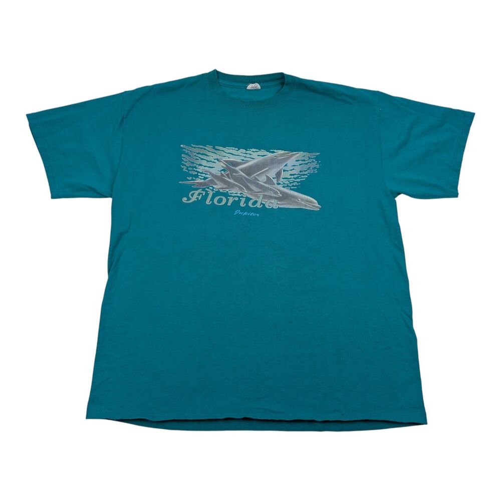 VTG Jupiter Florida FL Dolphins Shirt Mens L Teal Blue Graphic Ocean Sea Life‎